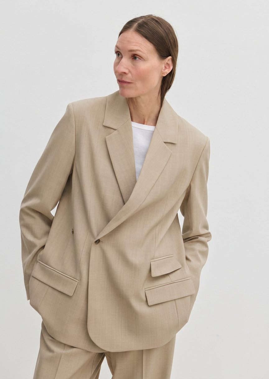 A person wearing an Amalfi Regular Blazer by Herskind ApS, a beige double-breasted style with structured shoulders and flap pockets over a white crew-neck shirt.