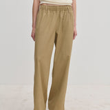 Beige Davi Mid waist Pants featuring an elasticated waistband and a wide-leg, straight-fit silhouette.