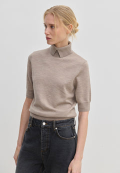 Taupe short-sleeved Perry Knit Blouse by Herskind ApS in merino wool with a pointed collar.