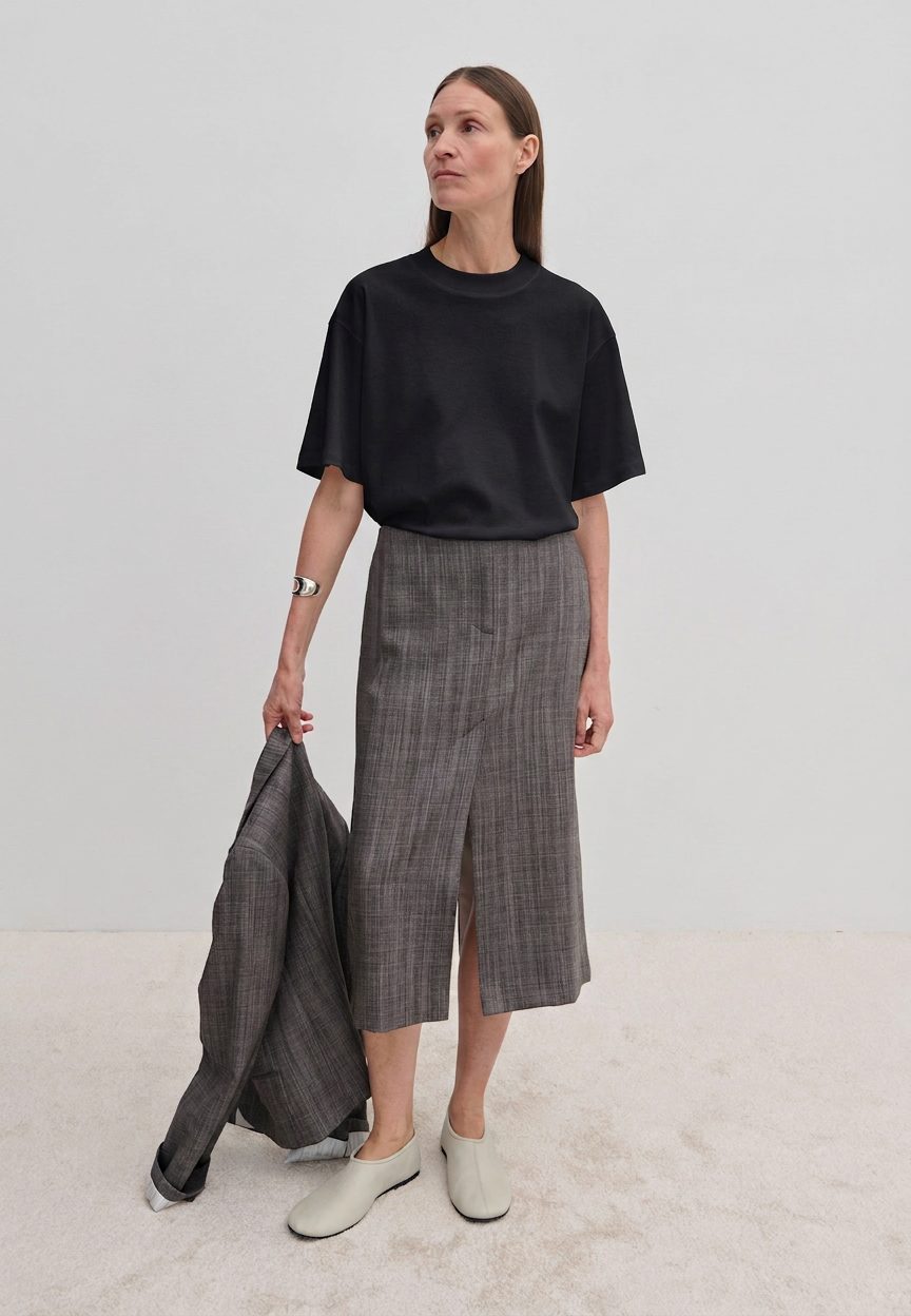 A person wears a boxy-fit black Larsson T-shirt by Herskind ApS and a grey plaid midi skirt with a front slit, holding a matching blazer in one hand.