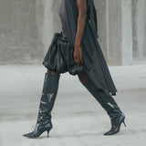 Knee-high Wide Shaft Leather Boot 80mm - Grey Polished Leather