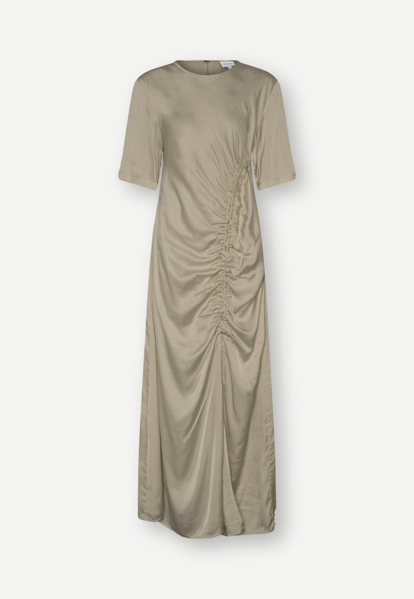 Herskind ApS Sabastian Dress - Salvie in sage green viscose rayon, featuring a midi length, short sleeves, a relaxed-fitted silhouette, and a ruched side seam.
